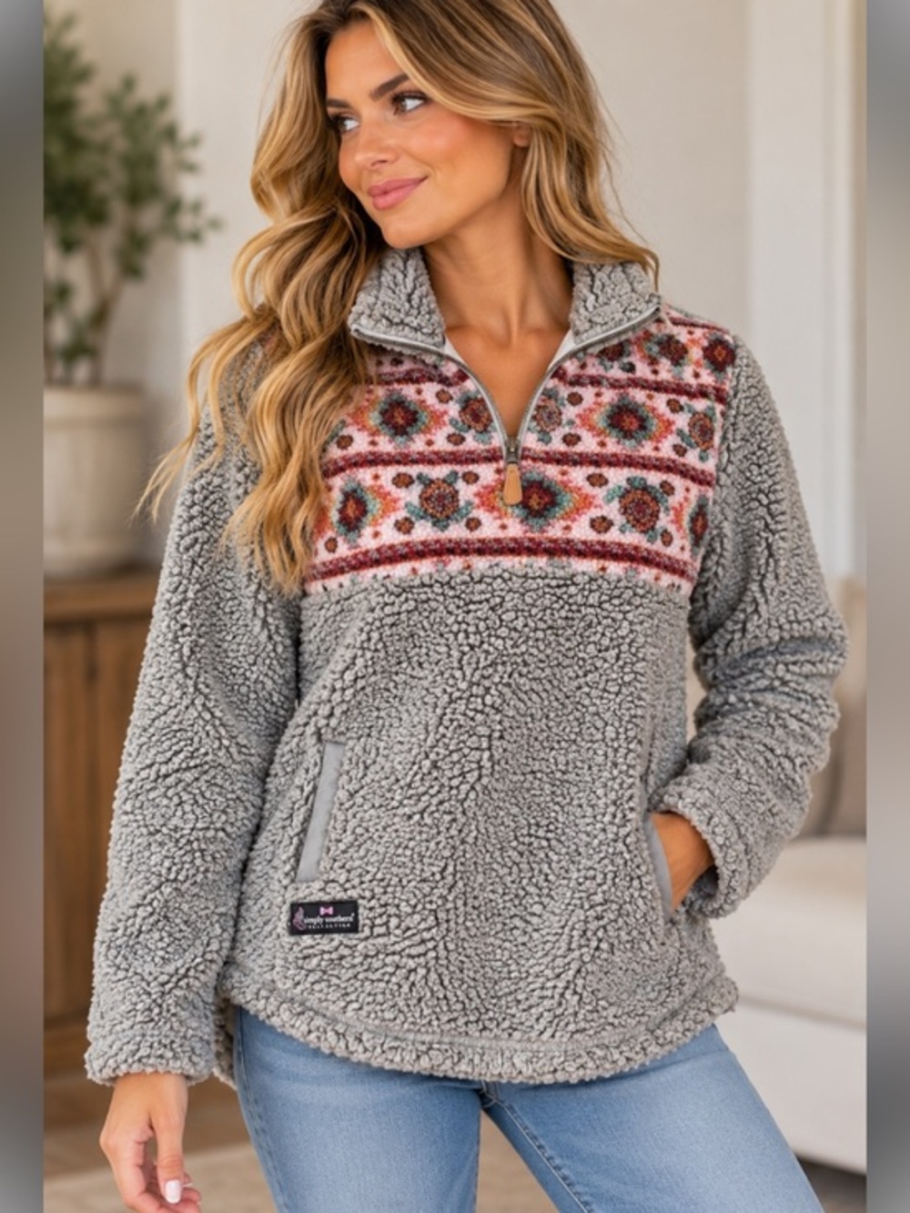 Simply Southern Gray Sherpa Quarter Zip Pullover Floral Aztec Size Small